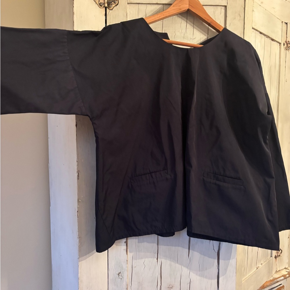 shosho Navy Boxy Long-Sleeve Blouse with Front Pockets